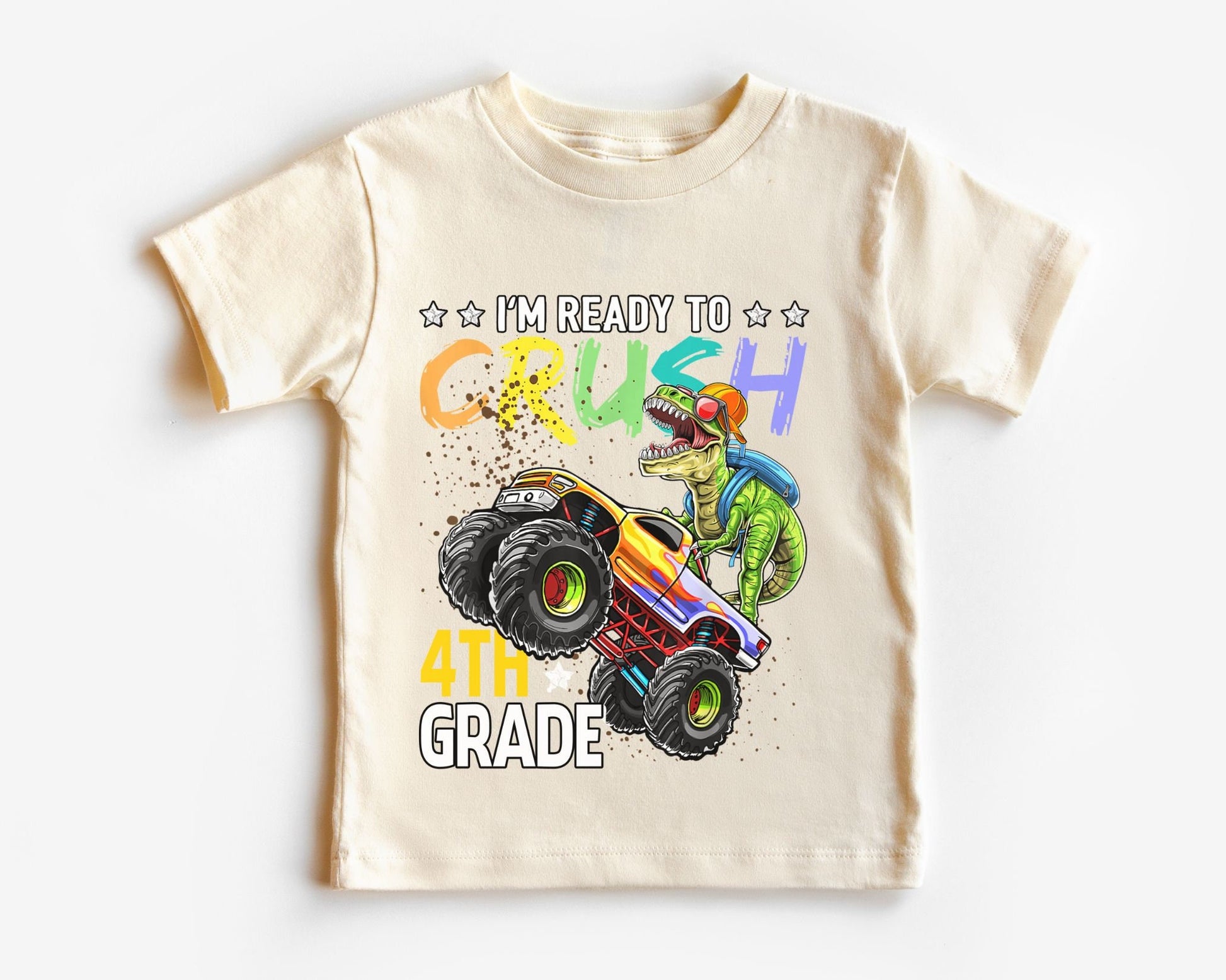 DTF transfer, First Day of School, Heat Transfer, Ready to Press, Direct to Film, Back to School, Ready to Crush Fourth Grade Dinosaur Truck