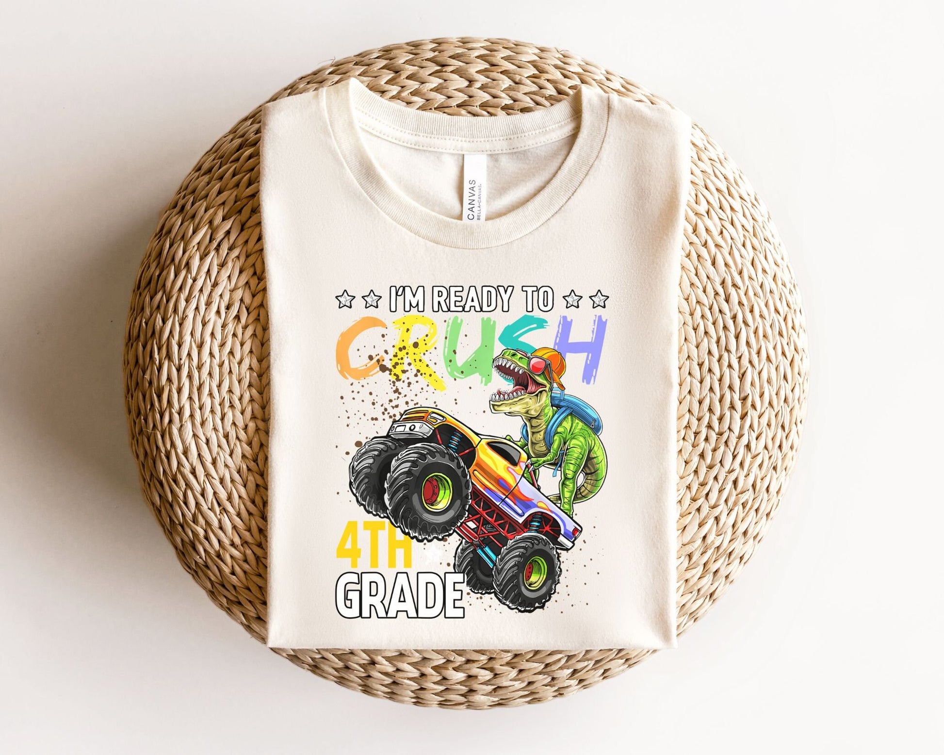 DTF transfer, First Day of School, Heat Transfer, Ready to Press, Direct to Film, Back to School, Ready to Crush Fourth Grade Dinosaur Truck