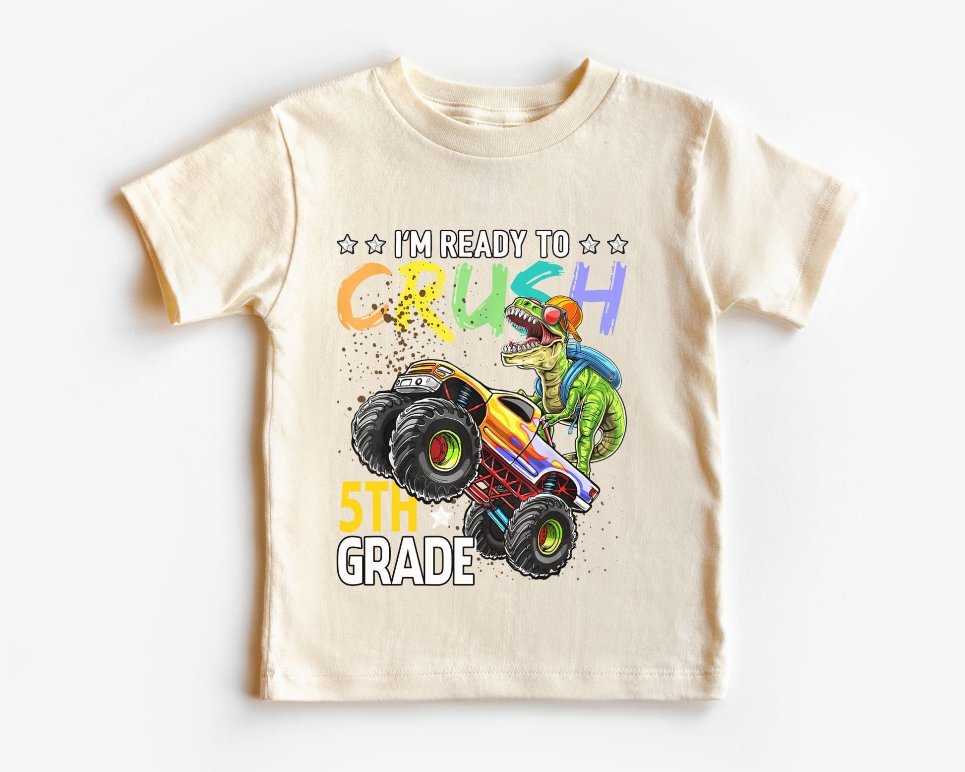 DTF transfer, First Day of School, Heat Transfer, Ready to Press, Direct to Film, Back to School, Ready to Crush Fifth Grade Dinosaur Truck