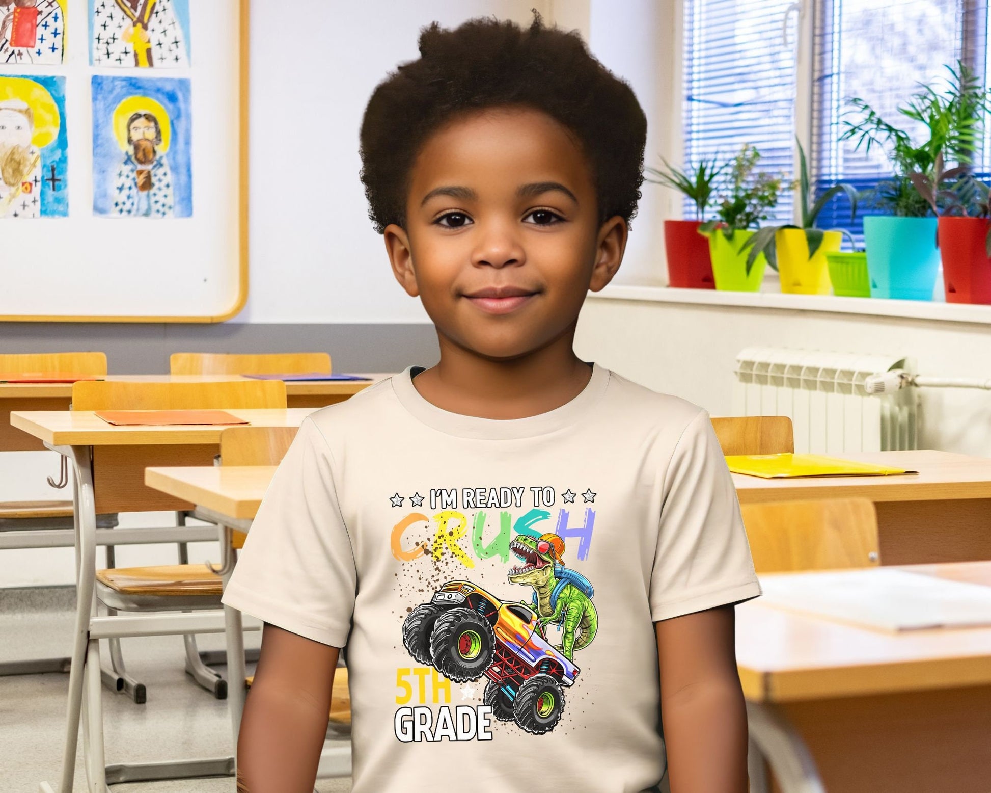 DTF transfer, First Day of School, Heat Transfer, Ready to Press, Direct to Film, Back to School, Ready to Crush Fifth Grade Dinosaur Truck