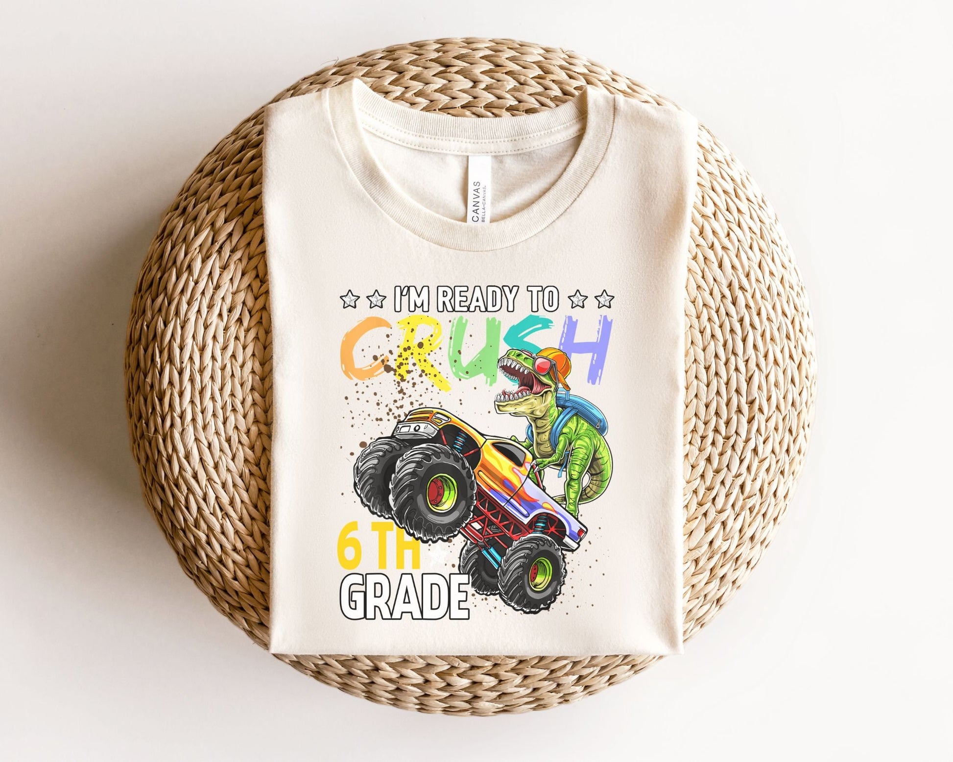 DTF transfer, First Day of School, Heat Transfer, Ready to Press, Direct to Film, Back to School, Ready to Crush Sixth Grade Dinosaur Truck