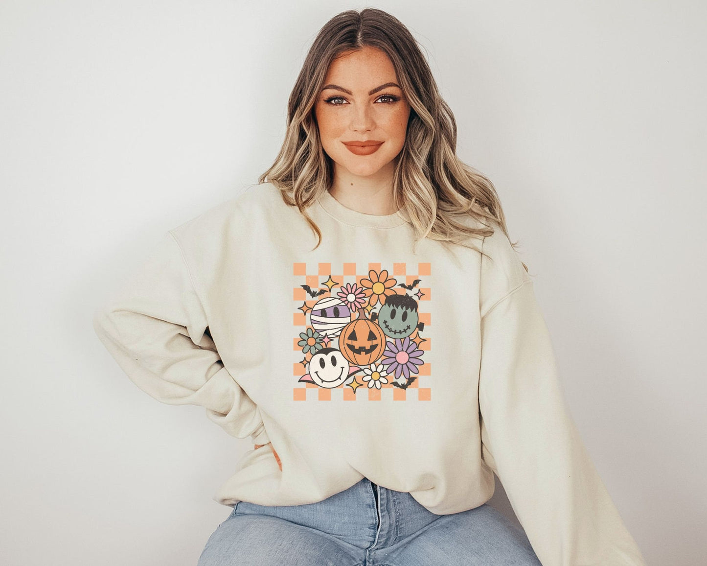 DTF Transfers, Ready to Press, T-shirt Transfers, Heat Transfer, Direct to Film, Custom Transfers, Retro, Checkered Halloween Smiley Crew