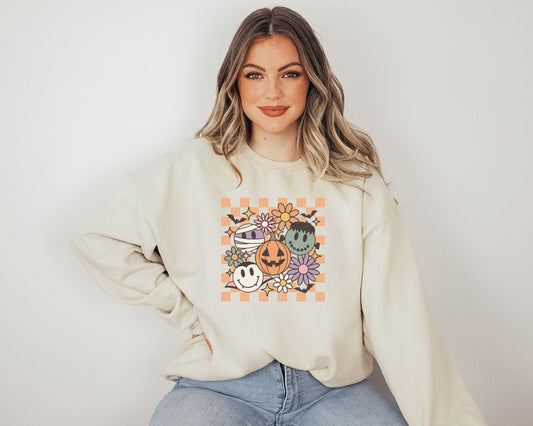 DTF Transfers, Ready to Press, T-shirt Transfers, Heat Transfer, Direct to Film, Custom Transfers, Retro, Checkered Halloween Smiley Crew