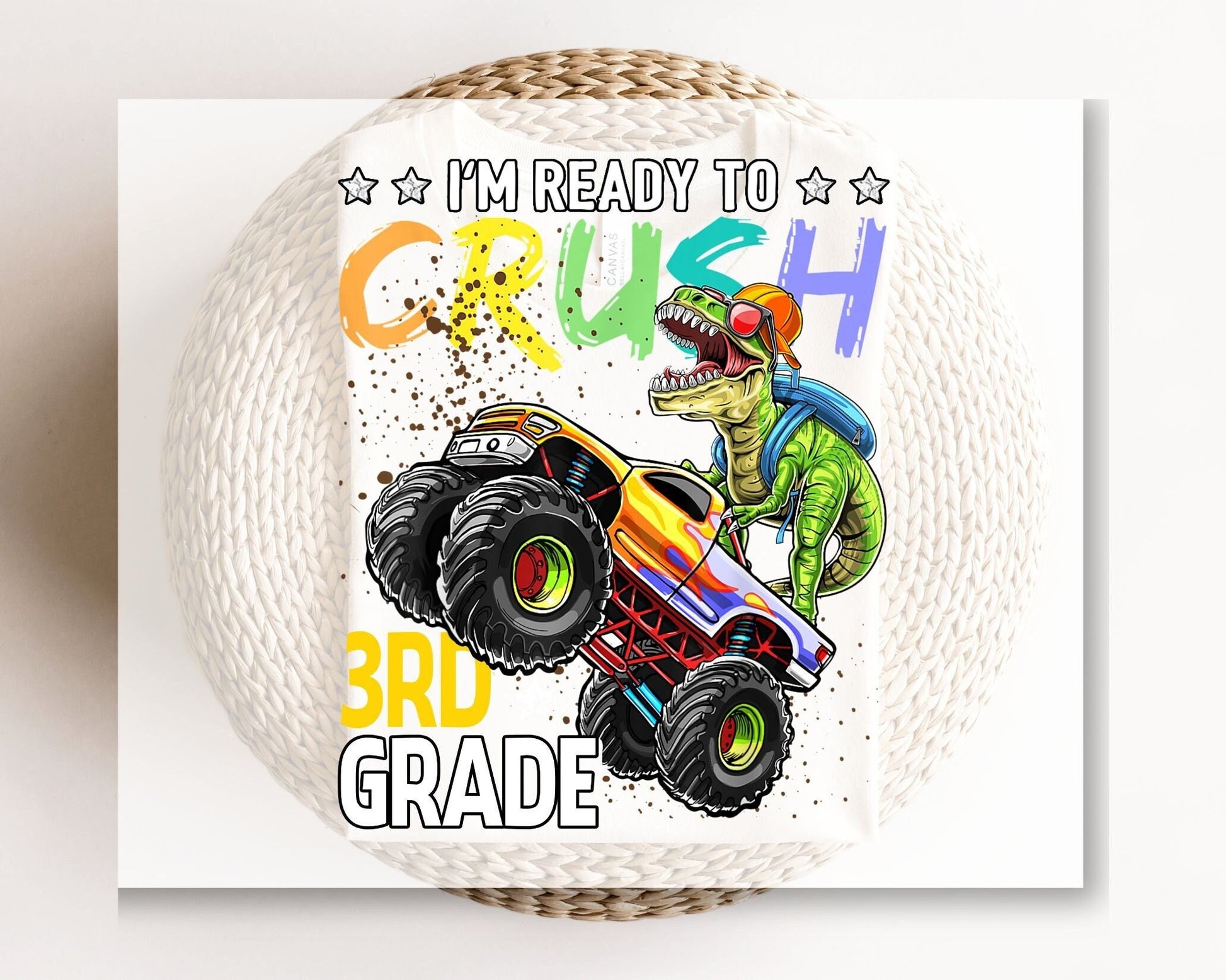 DTF transfer, First Day of School, Heat Transfer, Ready to Press, Direct to Film, Back to School, Ready to Crush Third Grade Dinosaur Truck