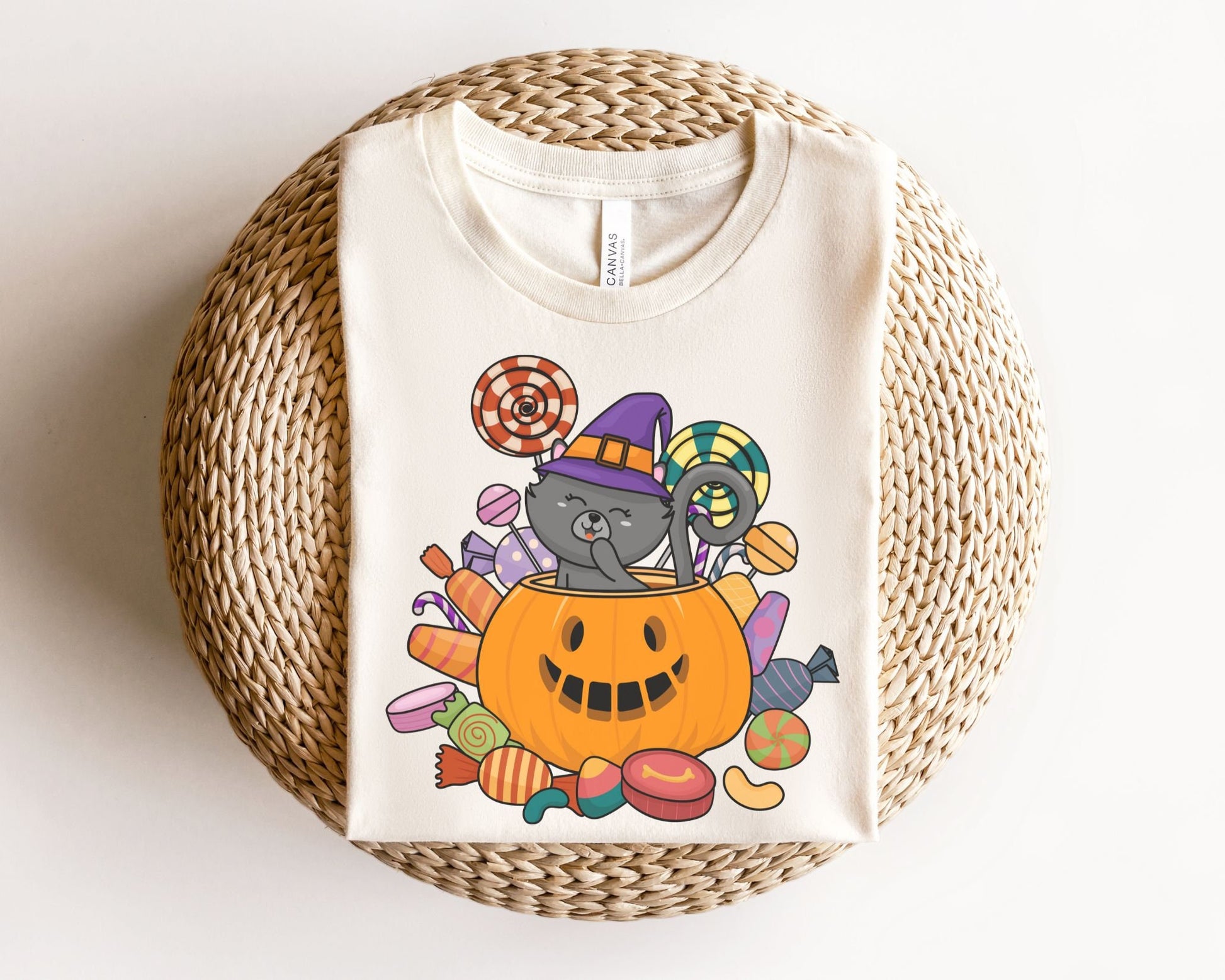 DTF Transfers, Ready to Press, T-shirt Transfers, Heat Transfer, Direct to Film, Custom Transfers, Halloween, Cute Cat in Pumpkin with Candy