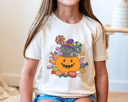 DTF Transfers, Ready to Press, T-shirt Transfers, Heat Transfer, Direct to Film, Custom Transfers, Halloween, Cute Cat in Pumpkin with Candy