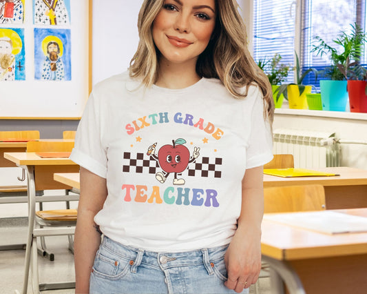 DTF transfer, First Day of School, Heat Transfer, Ready to Press, Direct to Film, Back to School, Retro, Apple, Sixth Grade Teacher