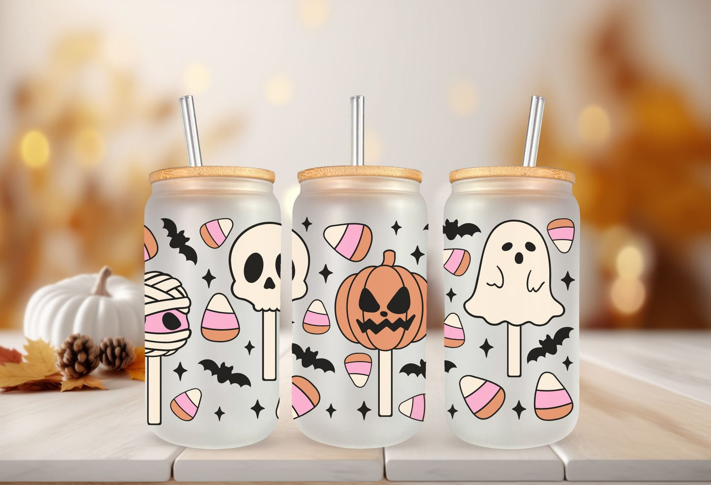 Halloween UV DTF Libbey 16oz Cup Wrap Sticker, Ready to Ship, Direct to Film, Glass Can, Fall, Permanent, Skull, Pumpkin,Sweet and Spooky