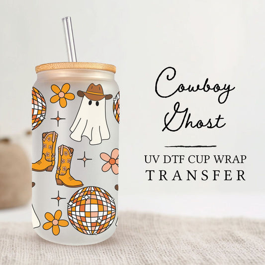 Halloween UV DTF Libbey 16oz Cup Wrap Sticker, Ready to Ship, rts, Direct to Film, Glass Can, Fall, Permanent, Disco, Boots, Cowboy Ghost