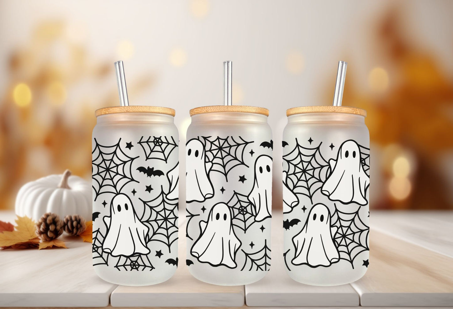 Halloween UV DTF Libbey 16oz Cup Wrap Sticker, Ready to Ship, Direct to Film, Glass Can, Fall, Permanent, Cute Ghost and Spider Web