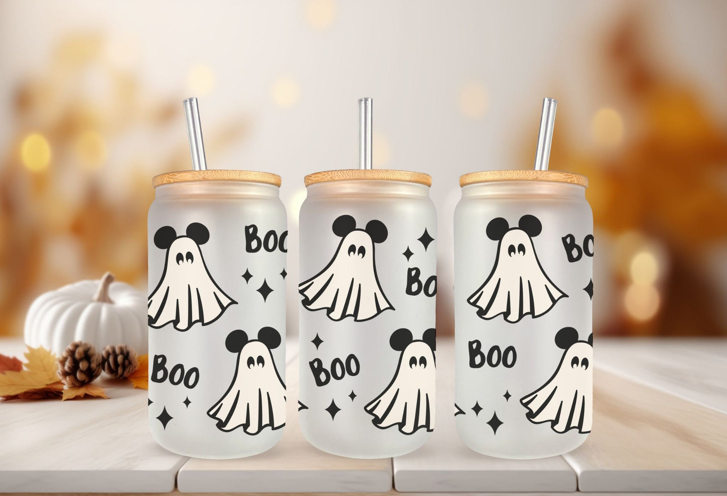 Halloween UV DTF Libbey 16oz Cup Wrap Sticker, Ready to Ship, Direct to Film, Glass Can, Fall, Permanent, Boo, Mouse Ghost