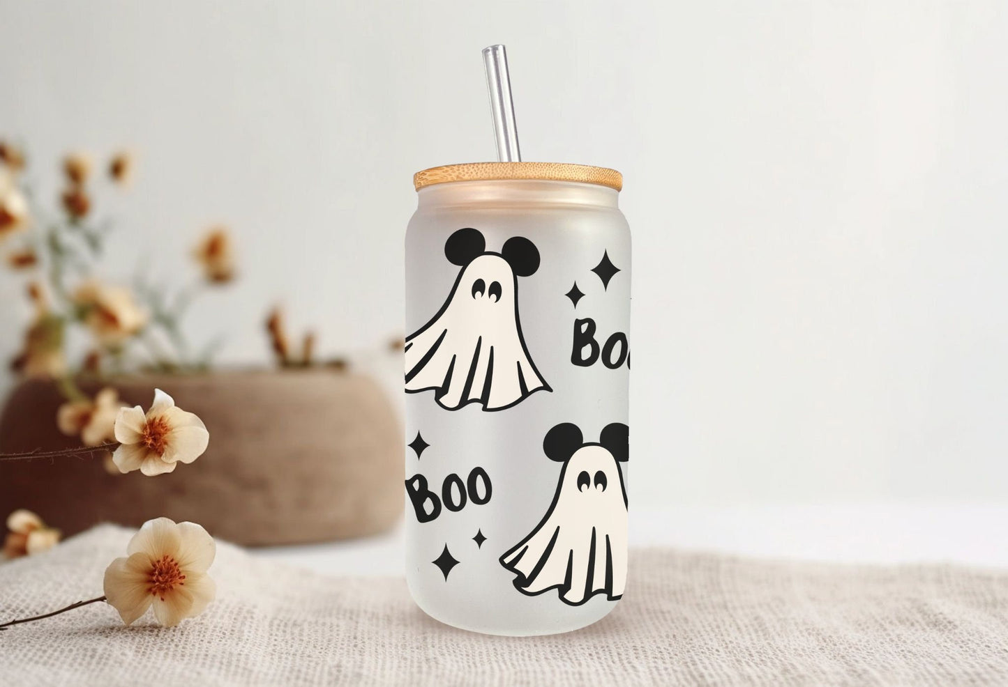 Halloween UV DTF Libbey 16oz Cup Wrap Sticker, Ready to Ship, Direct to Film, Glass Can, Fall, Permanent, Boo, Mouse Ghost