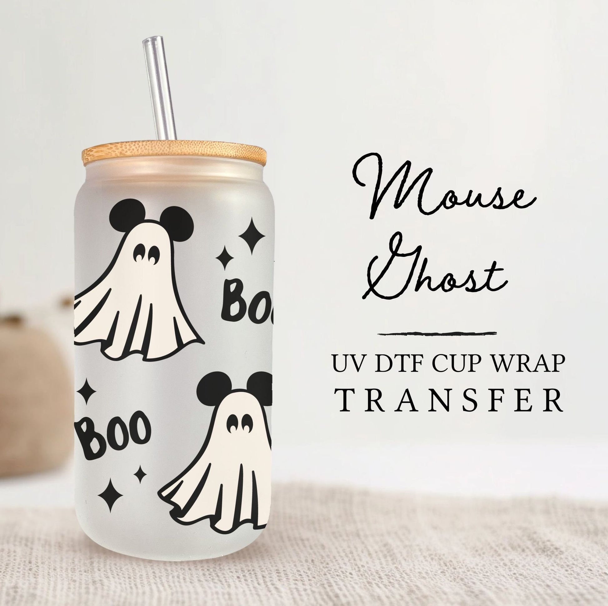 Halloween UV DTF Libbey 16oz Cup Wrap Sticker, Ready to Ship, Direct to Film, Glass Can, Fall, Permanent, Boo, Mouse Ghost