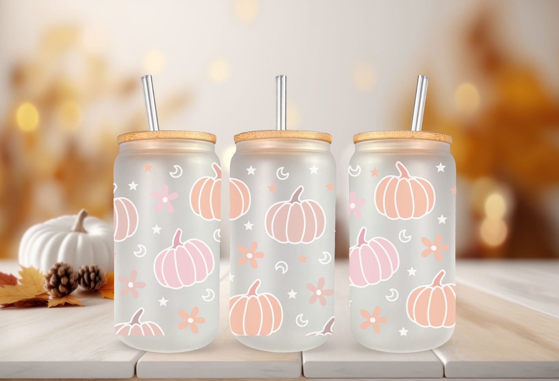 Fall UV DTF Libbey 16oz Cup Wrap Sticker, Ready to Ship, Direct to Film, Glass Can, Halloween, Permanent, Pastel Pumpkins