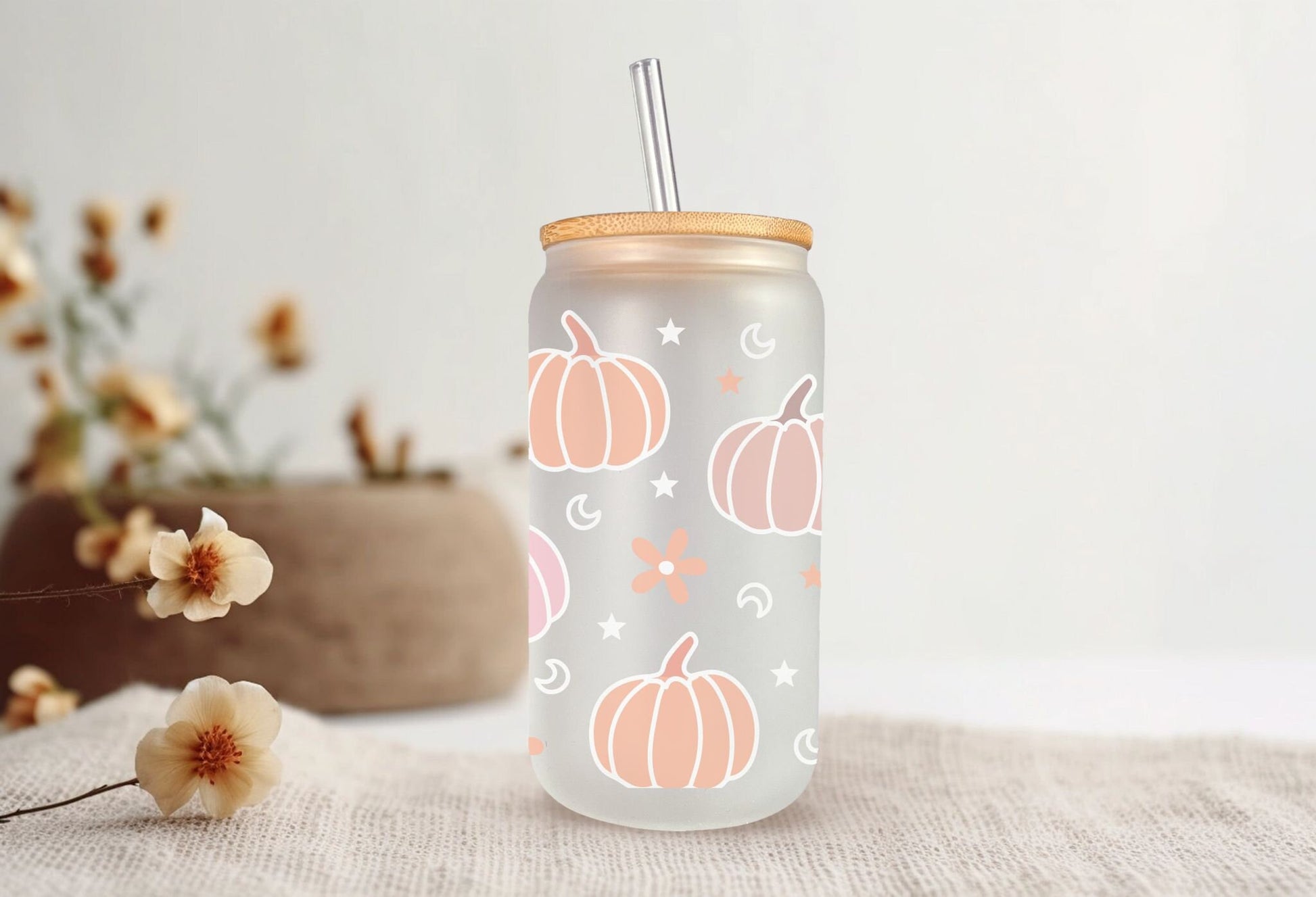 Fall UV DTF Libbey 16oz Cup Wrap Sticker, Ready to Ship, Direct to Film, Glass Can, Halloween, Permanent, Pastel Pumpkins