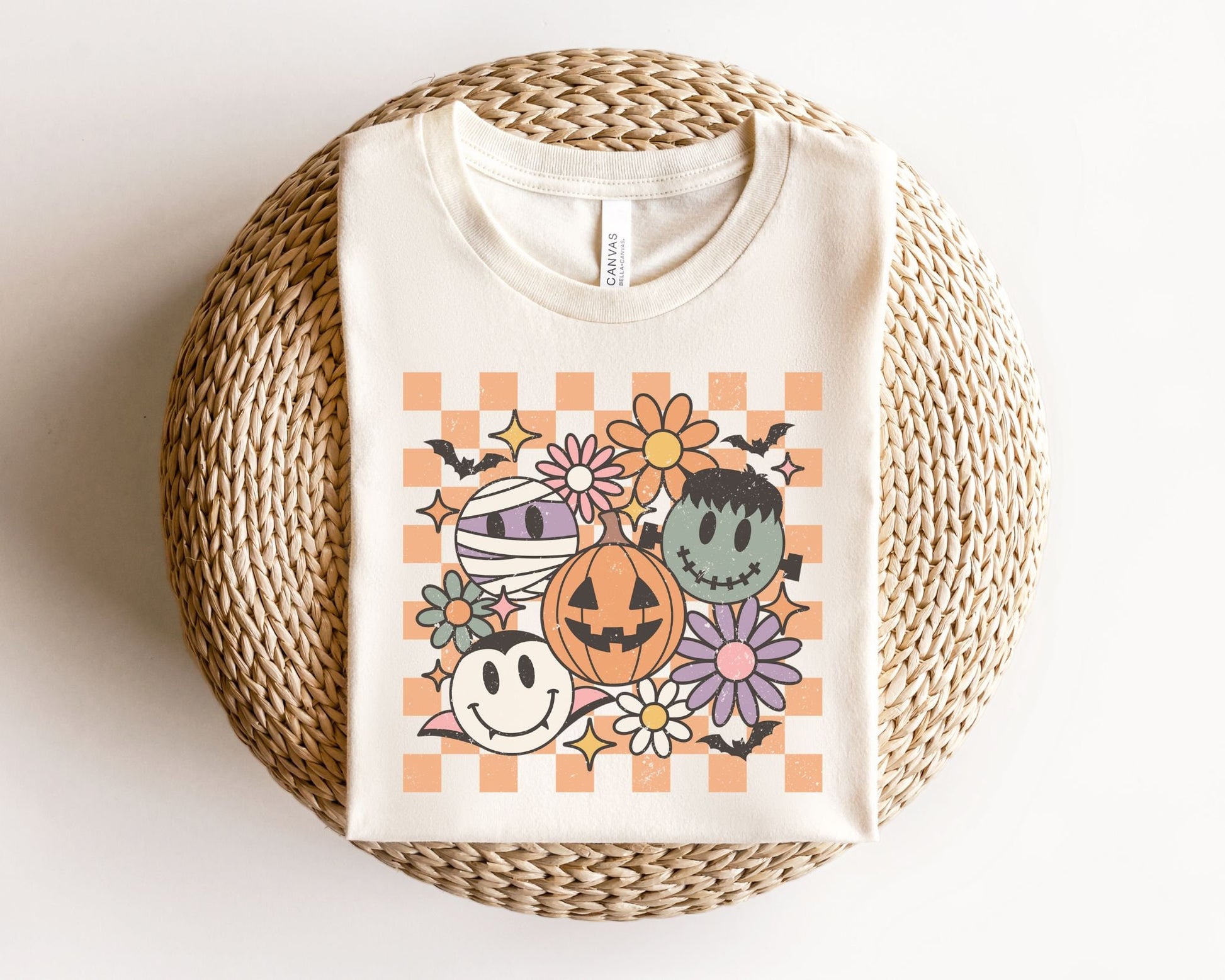 DTF Transfers, Ready to Press, T-shirt Transfers, Heat Transfer, Direct to Film, Custom Transfers, Retro, Checkered Halloween Smiley Crew