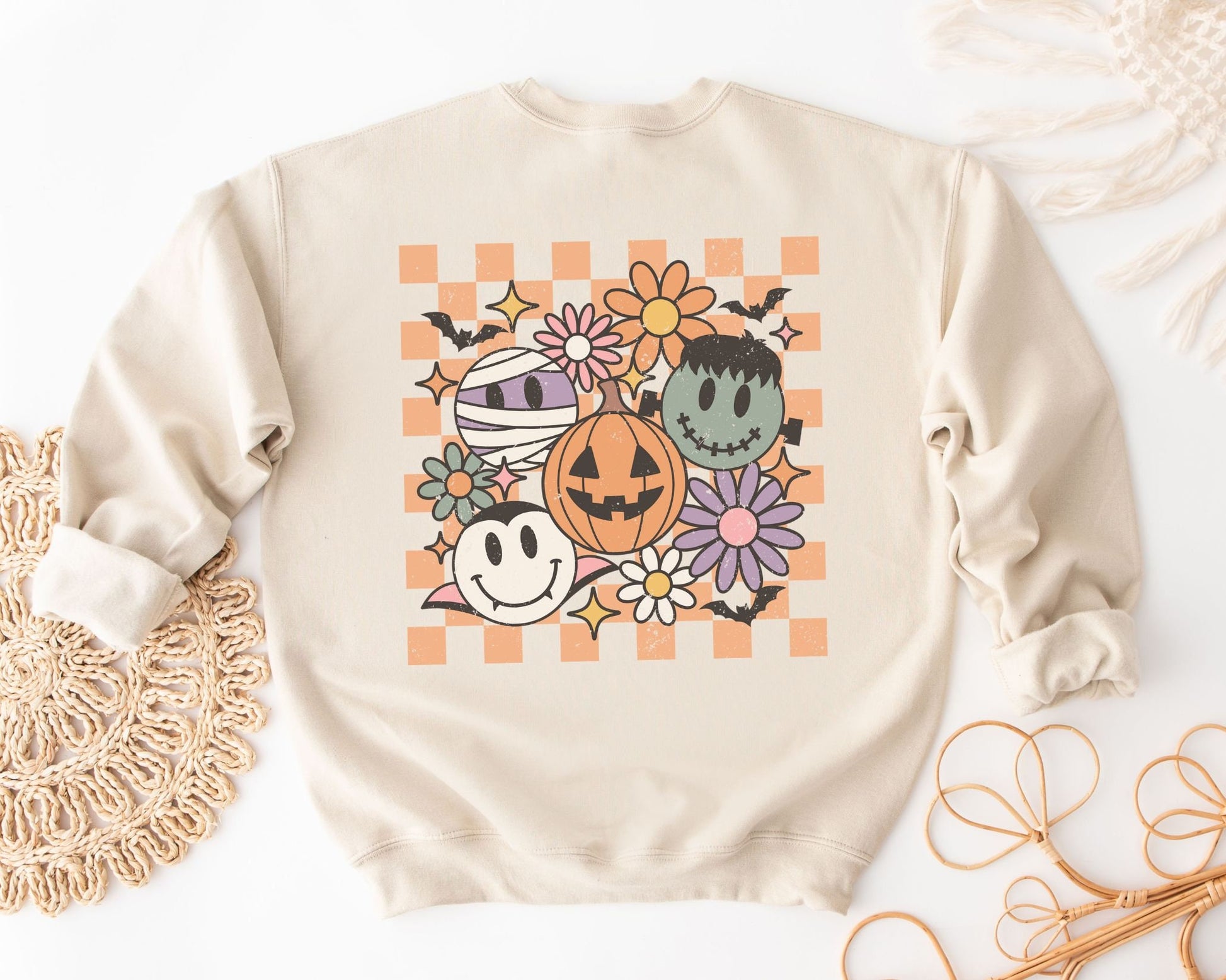 DTF Transfers, Ready to Press, T-shirt Transfers, Heat Transfer, Direct to Film, Custom Transfers, Retro, Checkered Halloween Smiley Crew