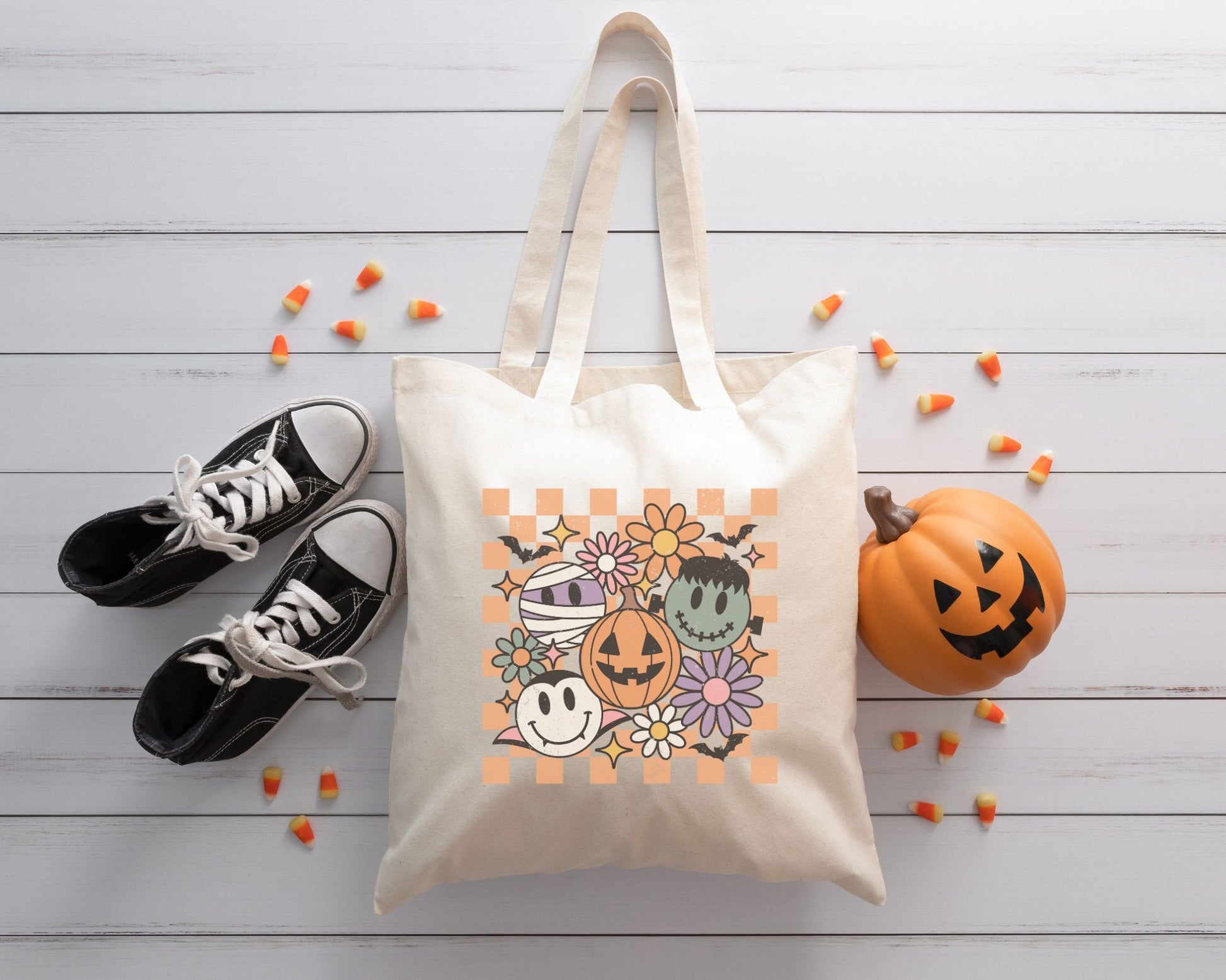 DTF Transfers, Ready to Press, T-shirt Transfers, Heat Transfer, Direct to Film, Custom Transfers, Retro, Checkered Halloween Smiley Crew