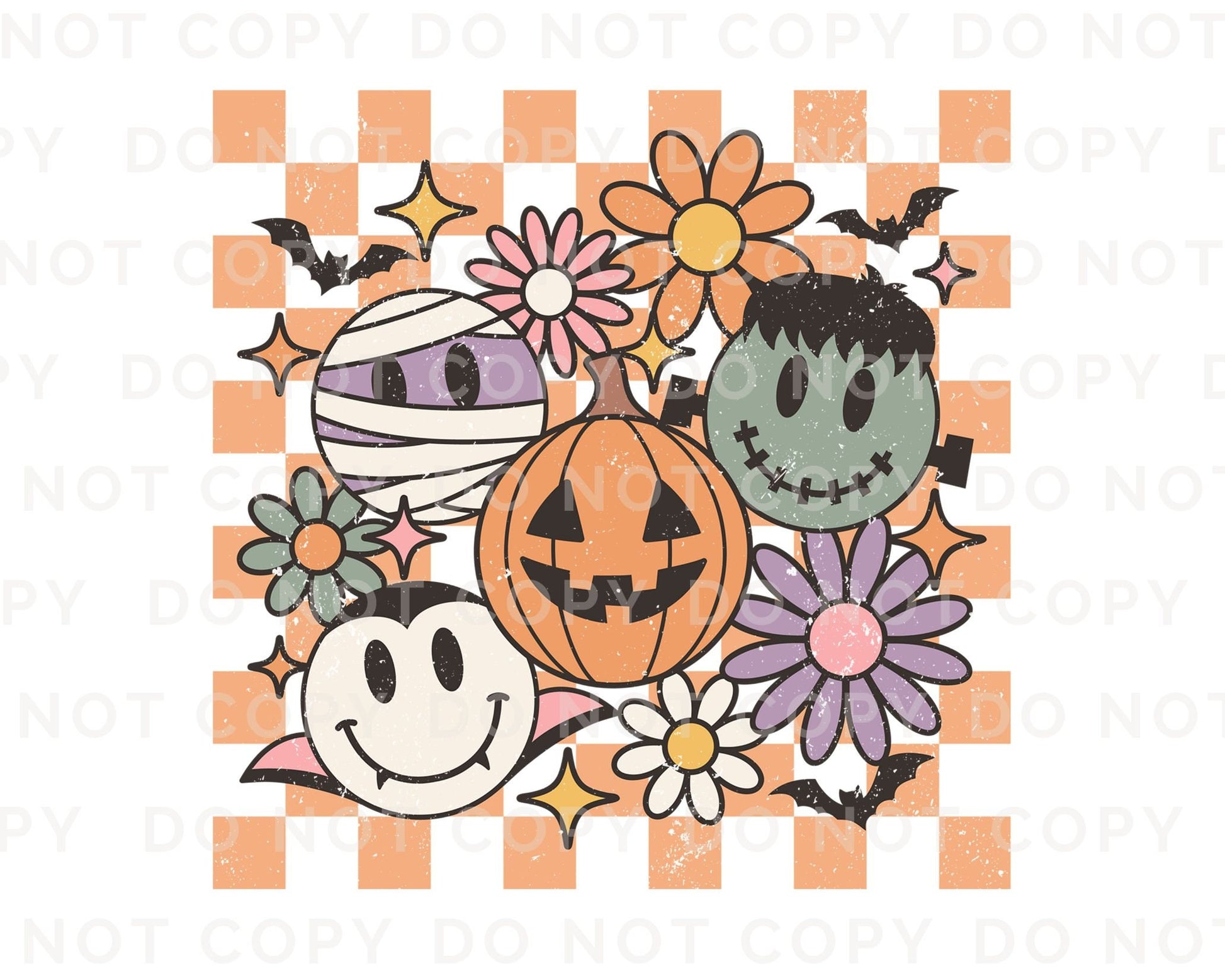 DTF Transfers, Ready to Press, T-shirt Transfers, Heat Transfer, Direct to Film, Custom Transfers, Retro, Checkered Halloween Smiley Crew