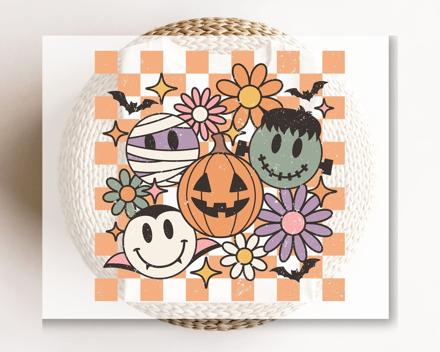 DTF Transfers, Ready to Press, T-shirt Transfers, Heat Transfer, Direct to Film, Custom Transfers, Retro, Checkered Halloween Smiley Crew