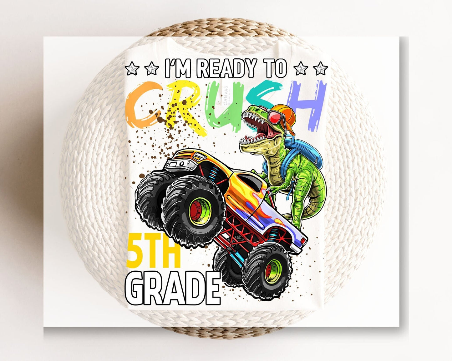 DTF transfer, First Day of School, Heat Transfer, Ready to Press, Direct to Film, Back to School, Ready to Crush Fifth Grade Dinosaur Truck