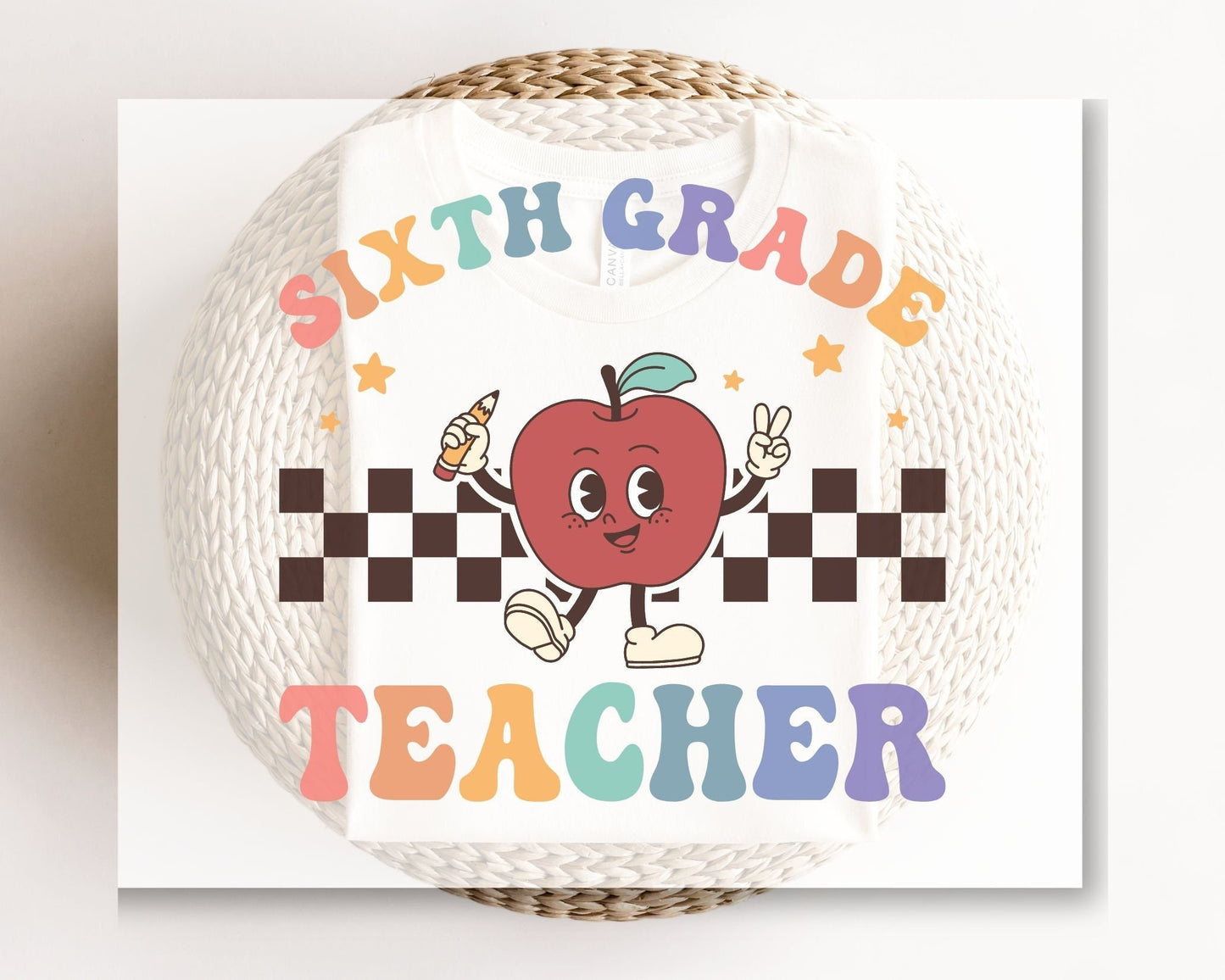 DTF transfer, First Day of School, Heat Transfer, Ready to Press, Direct to Film, Back to School, Retro, Apple, Sixth Grade Teacher