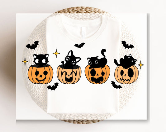 Halloween DTF Transfers, Ready to Press, T-shirt Transfers, Heat Transfer, Direct to Film, Custom Transfers, Cute Black Cats and Pumpkins