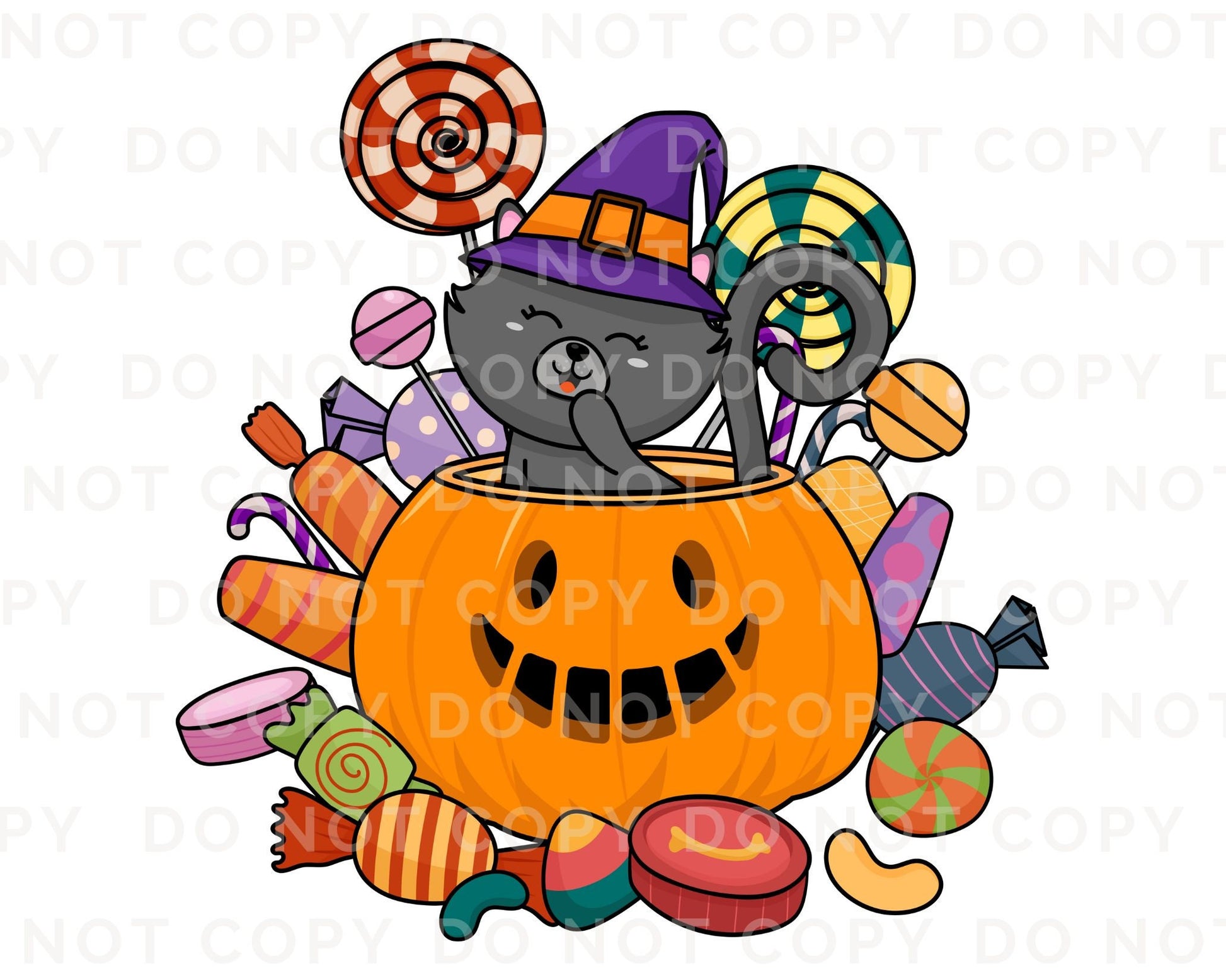 DTF Transfers, Ready to Press, T-shirt Transfers, Heat Transfer, Direct to Film, Custom Transfers, Halloween, Cute Cat in Pumpkin with Candy