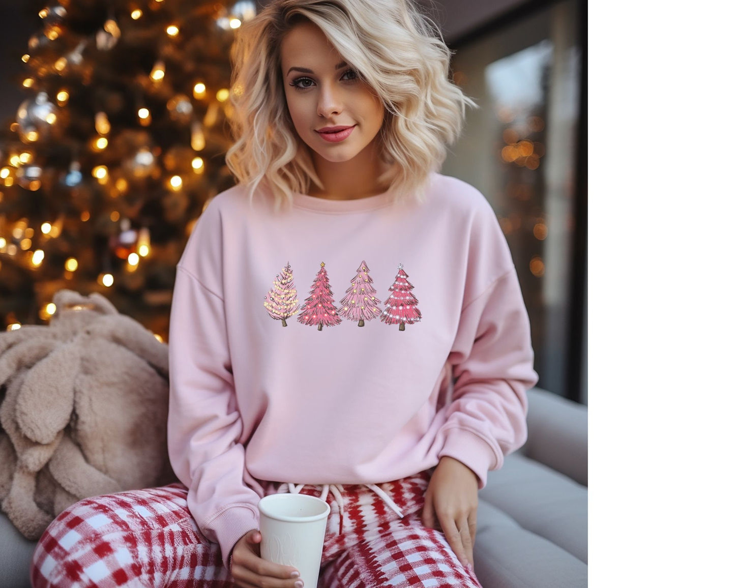 DTF Transfers, Ready to Press, T-shirt Transfers, Heat Transfer, Direct to Film, Holiday, Cozy Winter Snow Lights Star Pink Christmas Trees