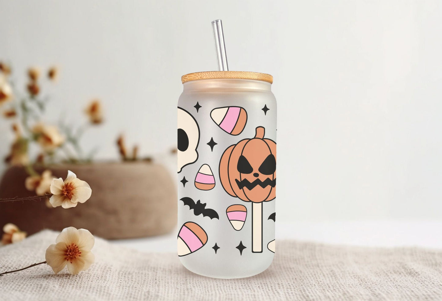 Halloween UV DTF Libbey 16oz Cup Wrap Sticker, Ready to Ship, Direct to Film, Glass Can, Fall, Permanent, Skull, Pumpkin,Sweet and Spooky