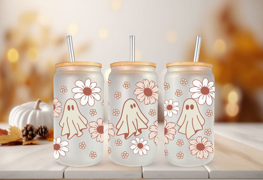 Halloween UV DTF Libbey 16oz Cup Wrap Sticker, Ready to Ship, Direct to Film, Glass Can, Fall, Permanent, Daisies, Cute, Boho Ghost