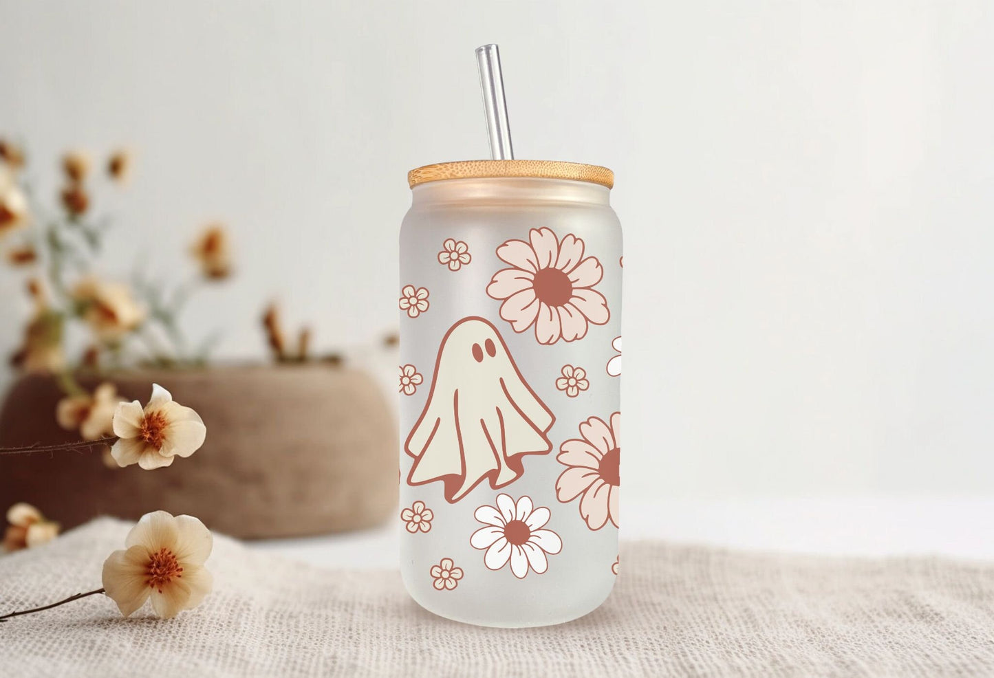 Halloween UV DTF Libbey 16oz Cup Wrap Sticker, Ready to Ship, Direct to Film, Glass Can, Fall, Permanent, Daisies, Cute, Boho Ghost