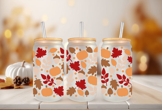 Fall UV DTF Libbey 16oz Cup Wrap Sticker, Ready to Ship, Direct to Film, Glass Can, Halloween, Permanent, Fall Leaves and Pumpkins