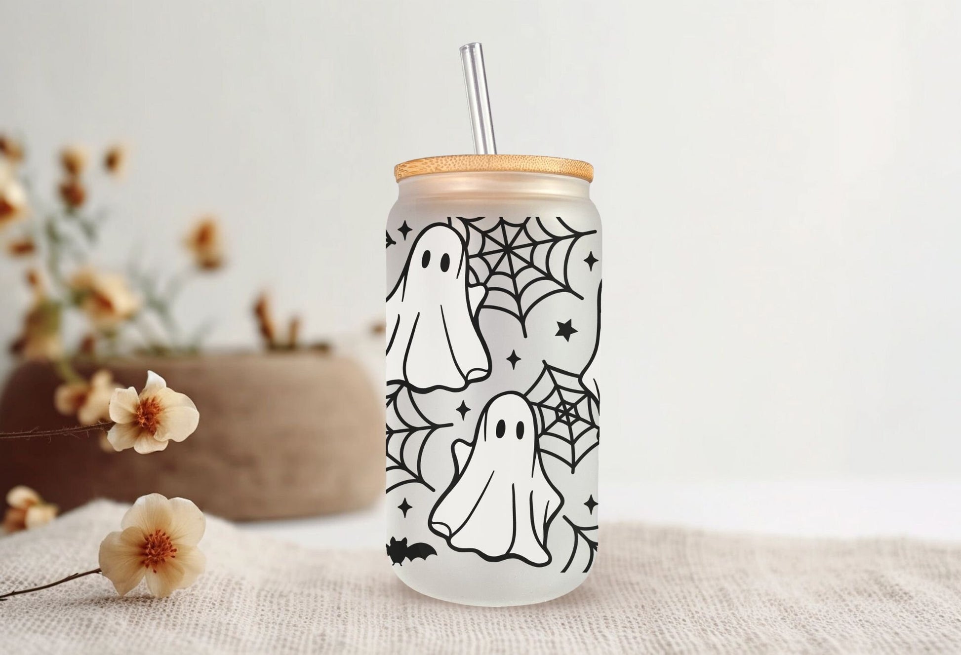 Halloween UV DTF Libbey 16oz Cup Wrap Sticker, Ready to Ship, Direct to Film, Glass Can, Fall, Permanent, Cute Ghost and Spider Web