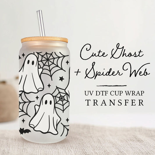 Halloween UV DTF Libbey 16oz Cup Wrap Sticker, Ready to Ship, Direct to Film, Glass Can, Fall, Permanent, Cute Ghost and Spider Web