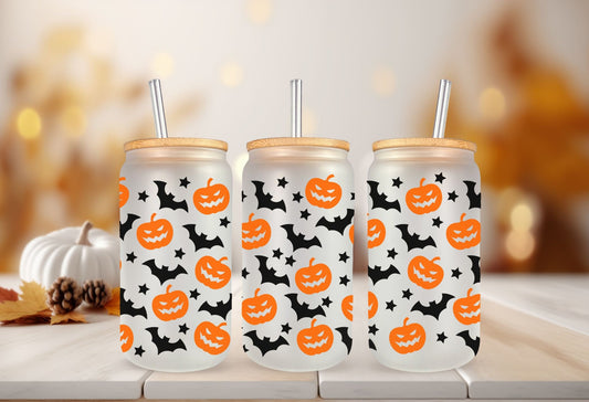 Halloween UV DTF Libbey 16oz Cup Wrap Sticker, Ready to Ship, Direct to Film, Glass Can, Fall, Permanent, Pumpkins and Bats