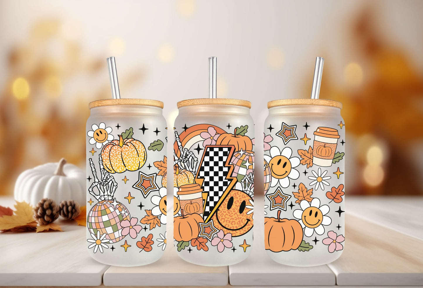 Fall UV DTF Libbey 16oz Cup Wrap Sticker, Ready to Ship, Direct to Film, Glass Can, Fall, Halloween, Permanent, Retro Halloween