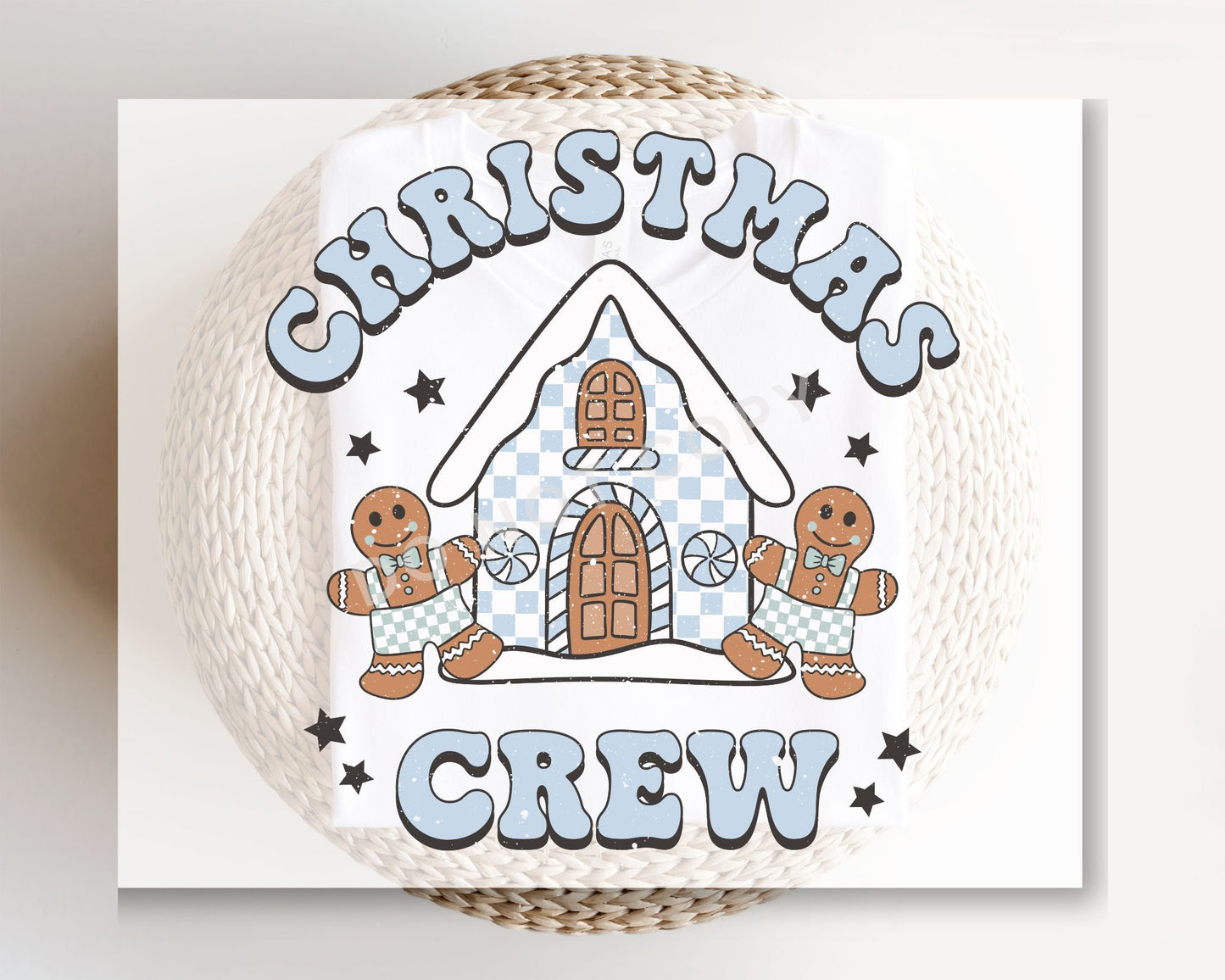 DTF Transfers, Ready to Press, Heat Transfer, Direct to Film, T-shirt, Holiday, Boy Christmas Crew Tshirt Transfer, Blue Gingerbread House