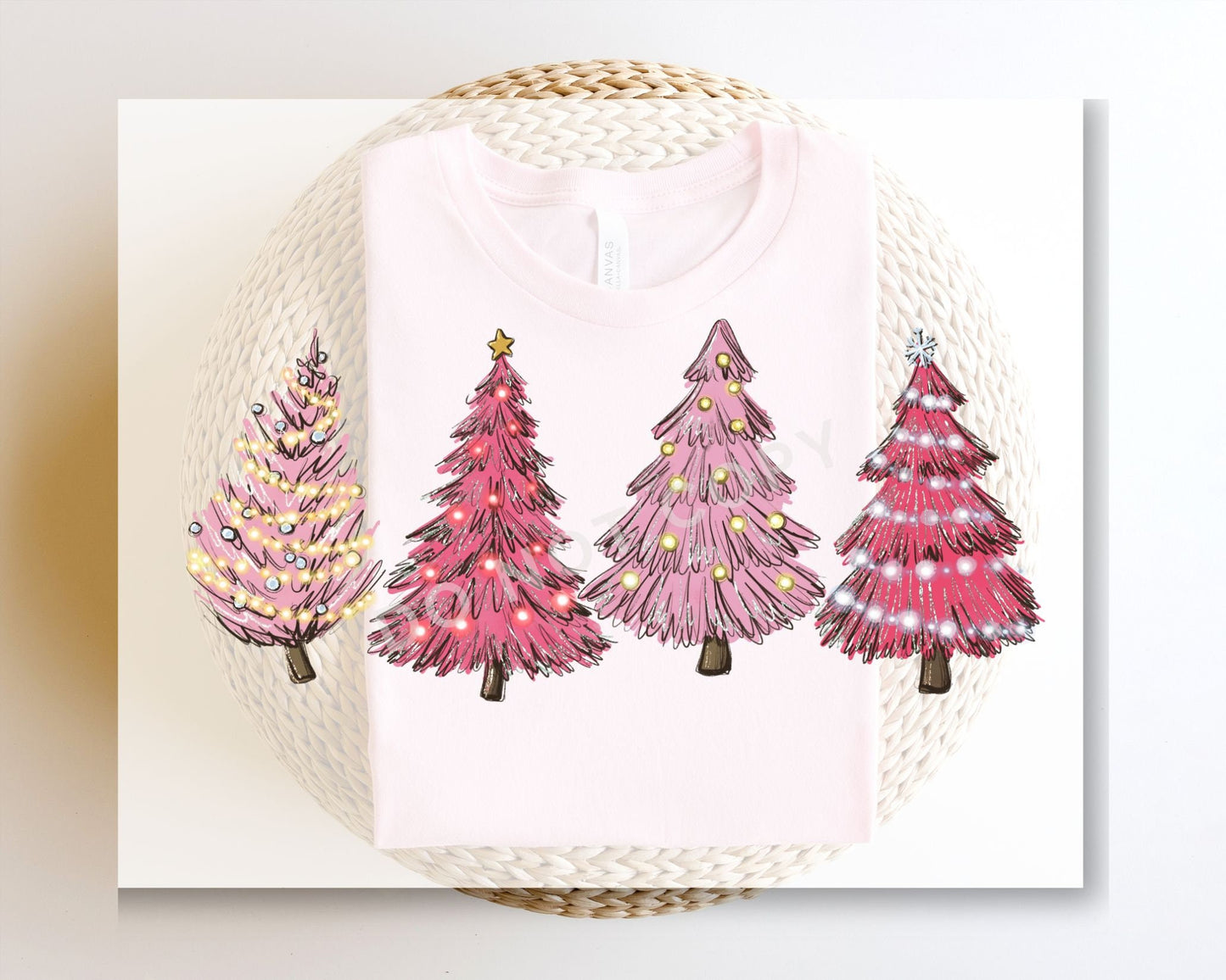 DTF Transfers, Ready to Press, T-shirt Transfers, Heat Transfer, Direct to Film, Holiday, Cozy Winter Snow Lights Star Pink Christmas Trees