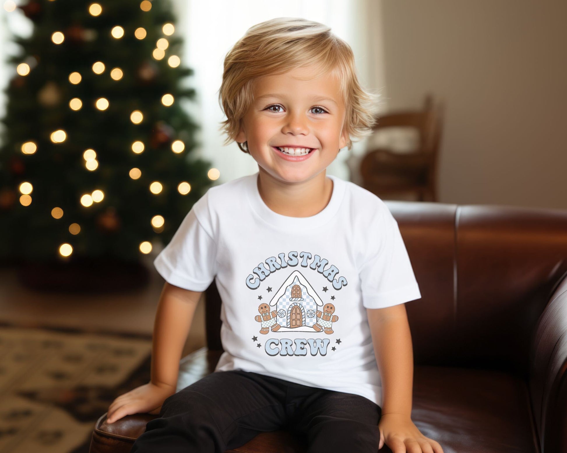 DTF Transfers, Ready to Press, Heat Transfer, Direct to Film, T-shirt, Holiday, Boy Christmas Crew Tshirt Transfer, Blue Gingerbread House