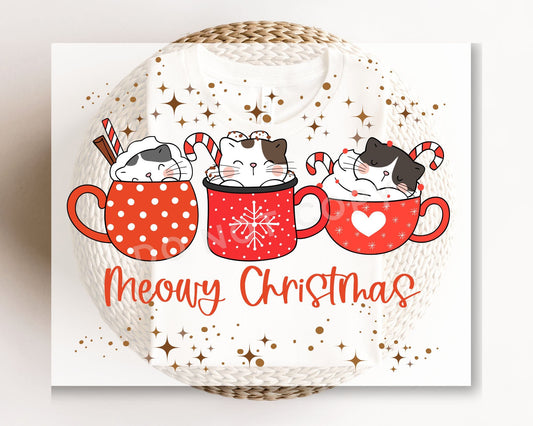 DTF Transfers, Ready to Press, T-shirt Transfers, Heat Transfer, Direct to Film, Cats, Kittens, Cups, Mugs, Holiday, Meowy Christmas