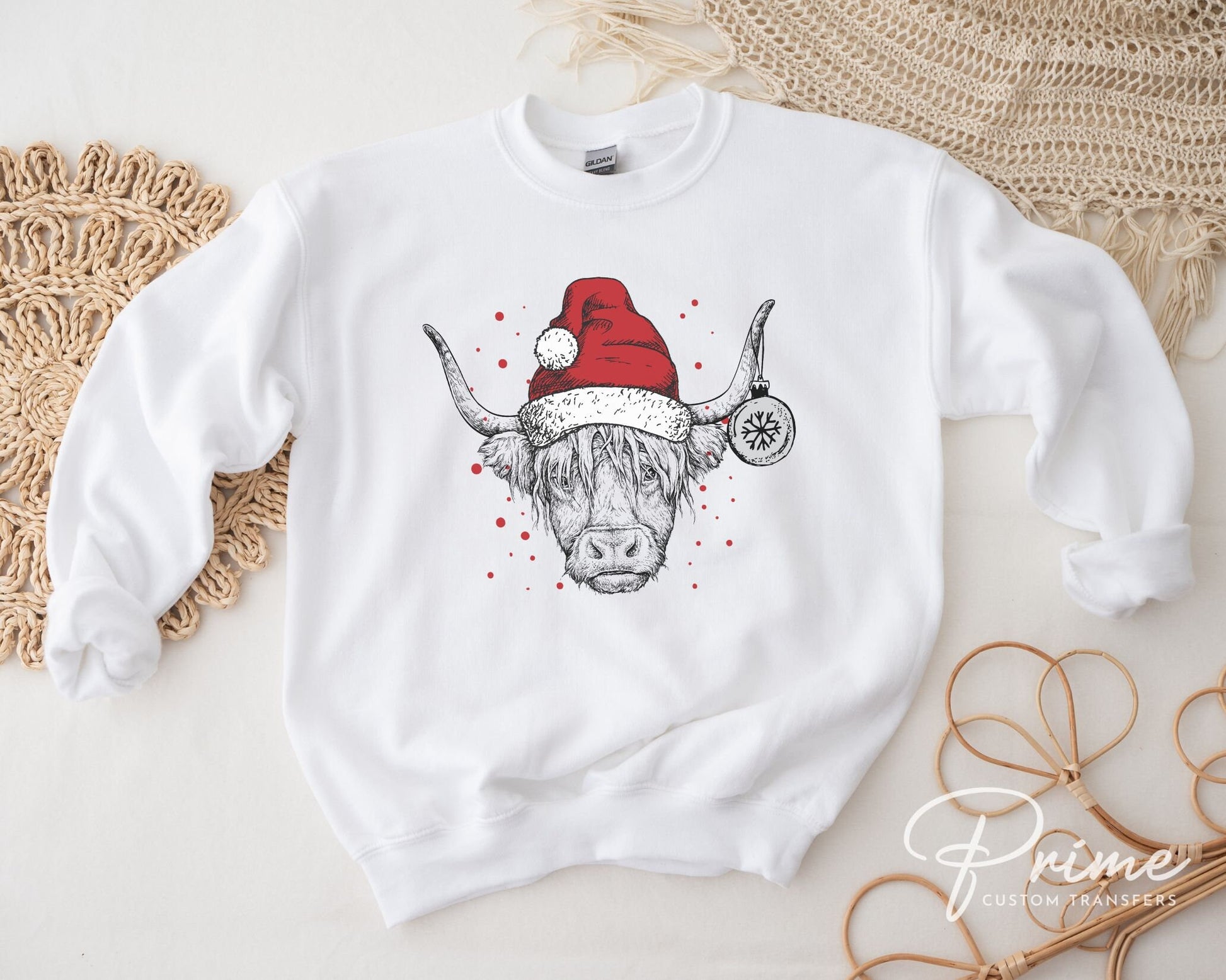 DTF Transfers, Ready to Press, T-shirt Transfers, Heat Transfer, Direct to Film, Holiday, Santa Hat, Christmas Highland Cow