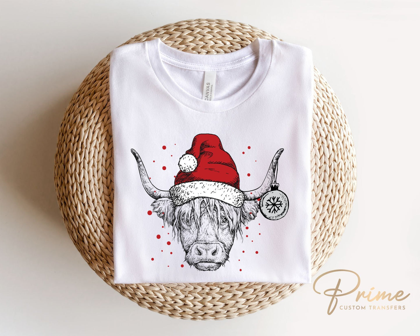 DTF Transfers, Ready to Press, T-shirt Transfers, Heat Transfer, Direct to Film, Holiday, Santa Hat, Christmas Highland Cow