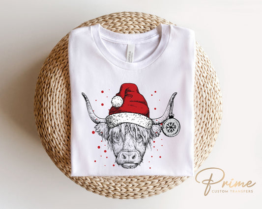 DTF Transfers, Ready to Press, T-shirt Transfers, Heat Transfer, Direct to Film, Holiday, Santa Hat, Christmas Highland Cow