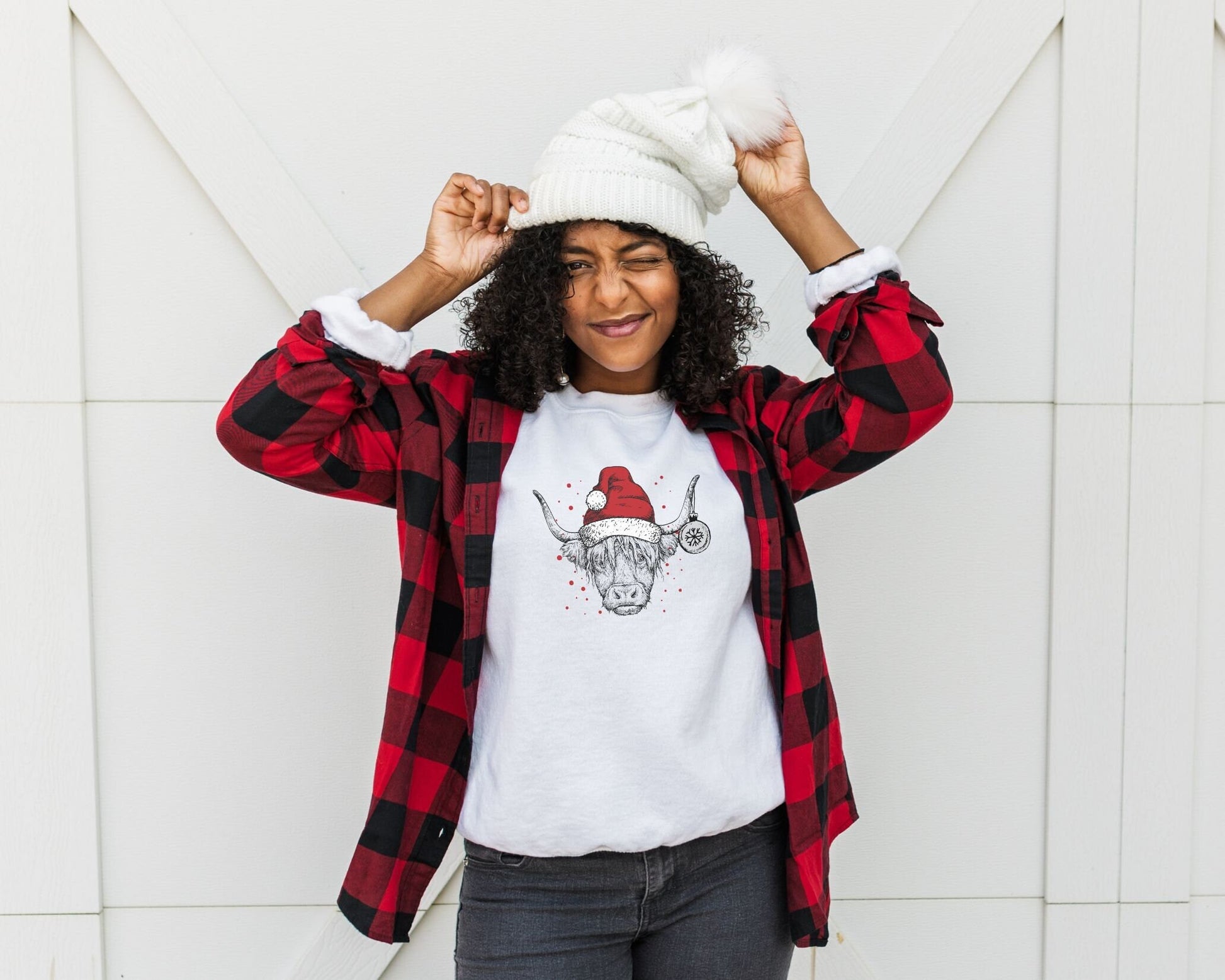 DTF Transfers, Ready to Press, T-shirt Transfers, Heat Transfer, Direct to Film, Holiday, Santa Hat, Christmas Highland Cow