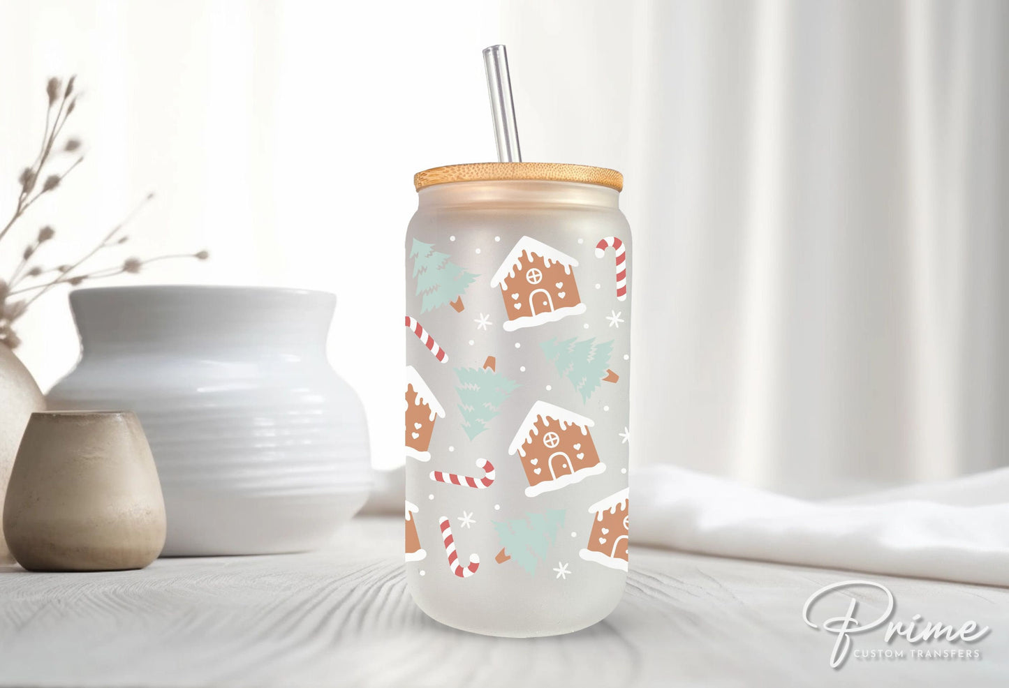 Christmas UV DTF Libbey 16oz Cup Wrap Sticker, Ready to Ship, rts, Direct to Film, Glass Can, Permanent, Baking, Winter Gingerbread House