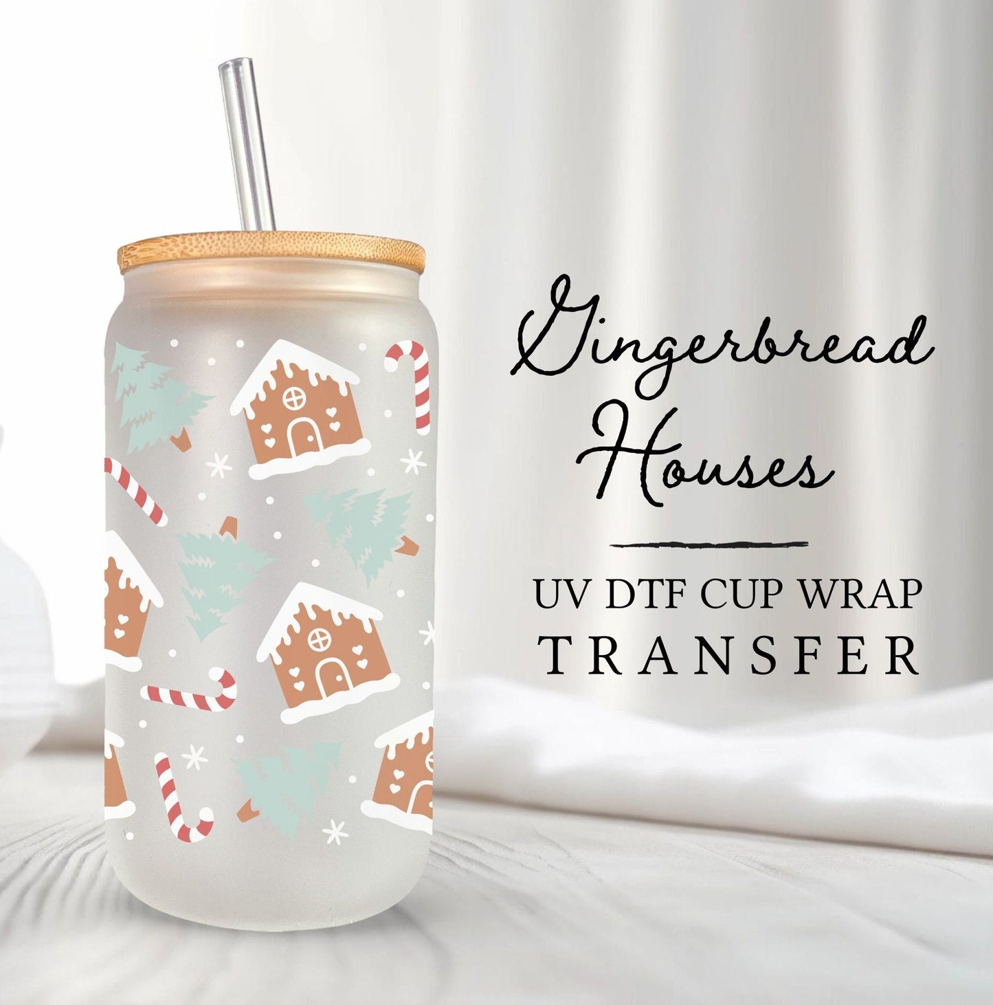 Christmas UV DTF Libbey 16oz Cup Wrap Sticker, Ready to Ship, rts, Direct to Film, Glass Can, Permanent, Baking, Winter Gingerbread House