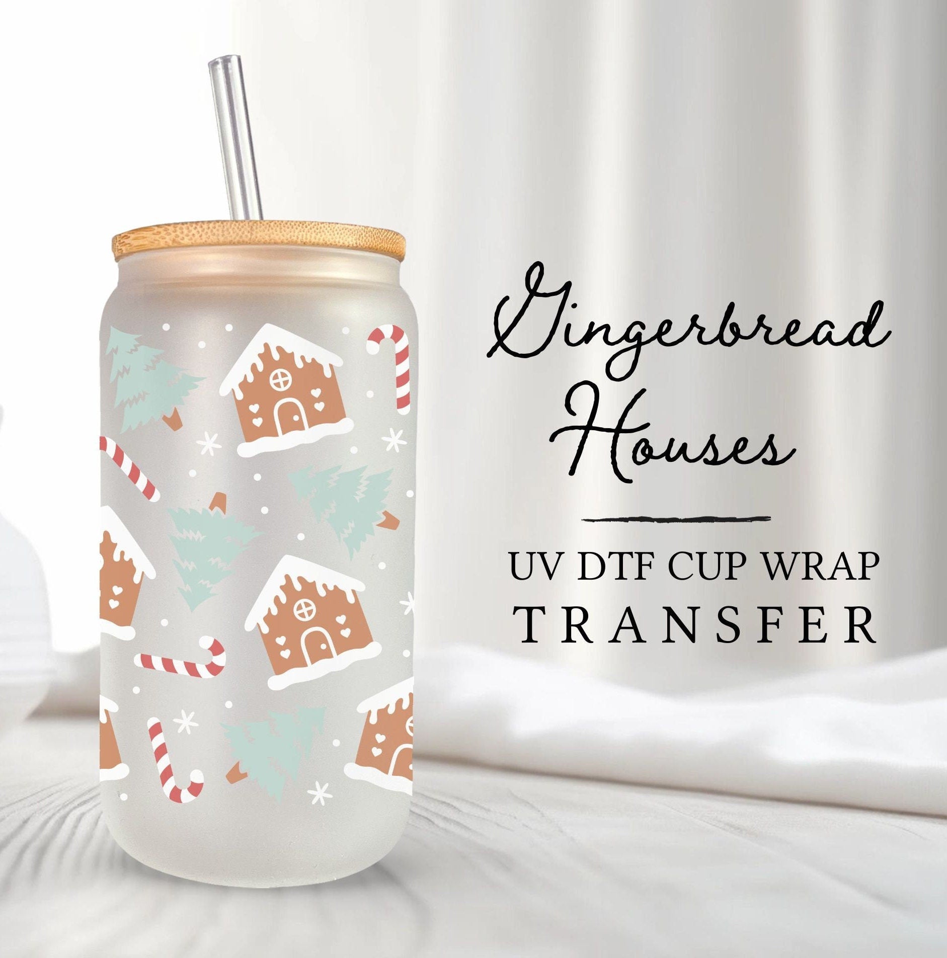 Christmas UV DTF Libbey 16oz Cup Wrap Sticker, Ready to Ship, rts, Direct to Film, Glass Can, Permanent, Baking, Winter Gingerbread House