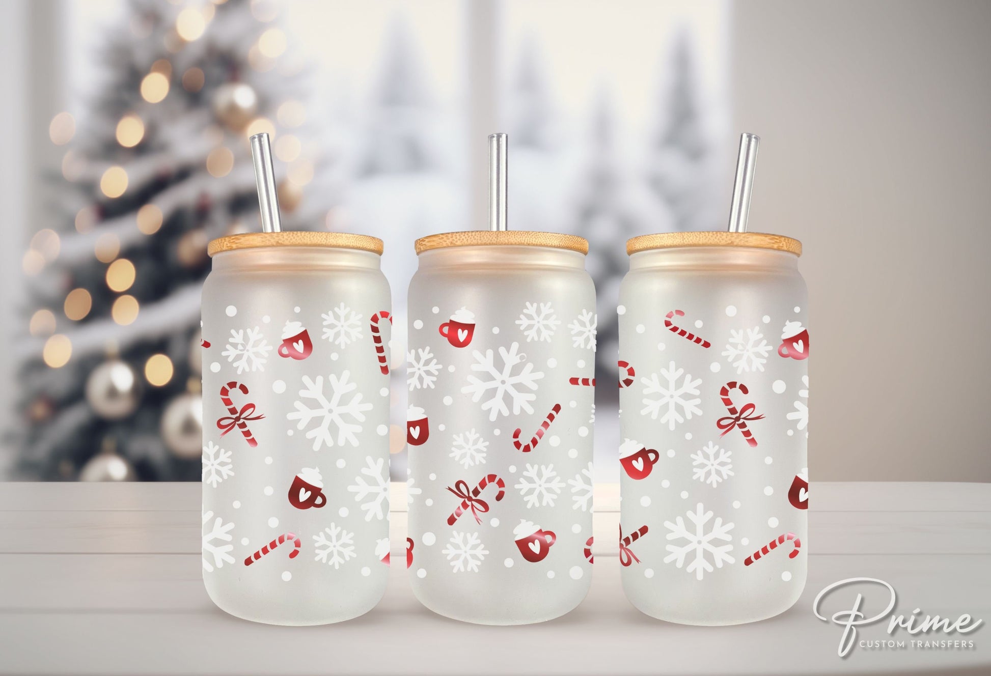 Christmas UV DTF Libbey 16oz Cup Wrap Sticker, Ready to Apply, No Heat, Permanent Adhesive, Glass Can, Hot Cocoa, Snowflakes, Candy Snow