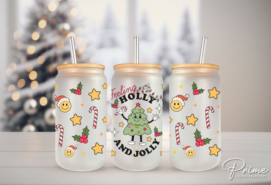 Christmas UV DTF Libbey 16oz Cup Wrap Sticker, Ready to Apply, No Heat, Permanent Adhesive, Glass Can, Holidays, Feeling Holly and Jolly